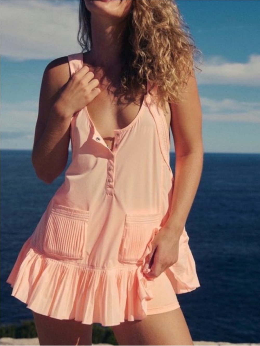 Free People Happy Just Camping Top Mini Dress Open Back  Pastel Peach Size S